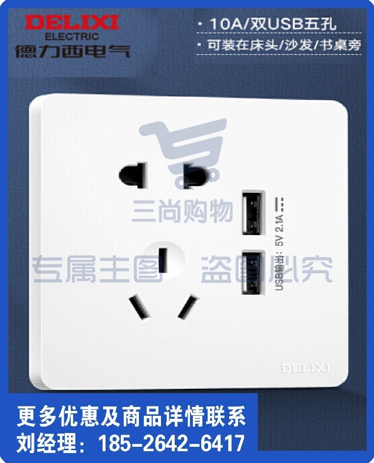 德力西插座CD821系列 二位USB2.1A五孔插座86mm 10A 时尚白大板