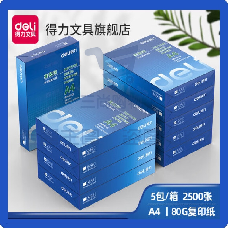 得力爱琴海A4打印纸80克一箱 A4复印纸白纸500张一包 整箱5包