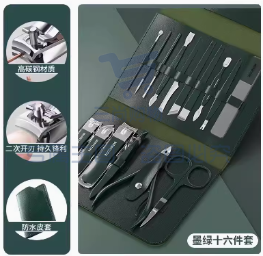德国指甲刀套装指甲剪指甲钳男士挖掏耳勺进口家用工具包原装剪刀 升级指甲剪皮套16件套/墨绿色