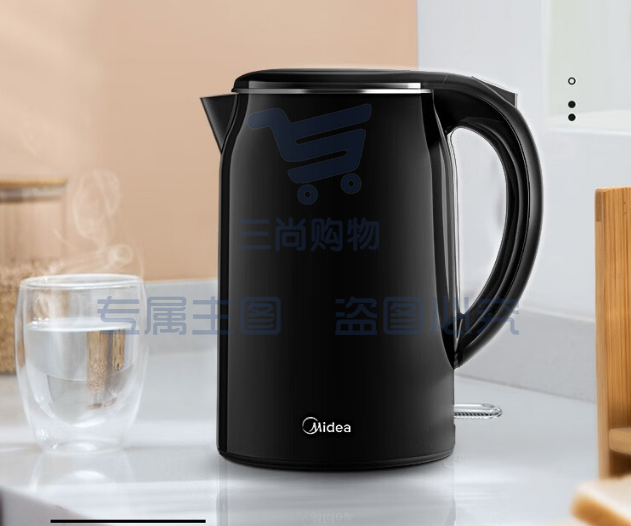 美的（Midea）电热水壶304不锈钢【速沸I防烫】SH17M301A  双层防烫1.7L大容量热水壶 无缝内胆暖水壶快速沸腾开水壶