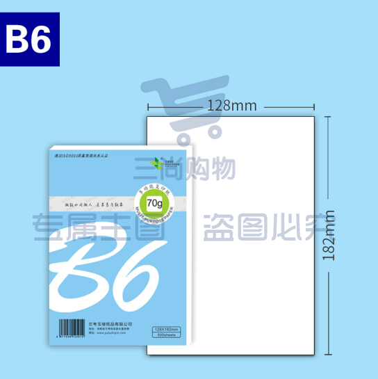 B6打印纸 70g 128*182mm   500张/包  货号：ZF