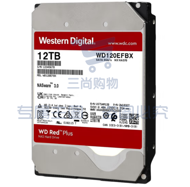 西部数据WD120EFBX NAS硬盘 WD Red Plus 西数红盘Plus 12TB 7200转 256MB SATA CMR SKU：TK17758