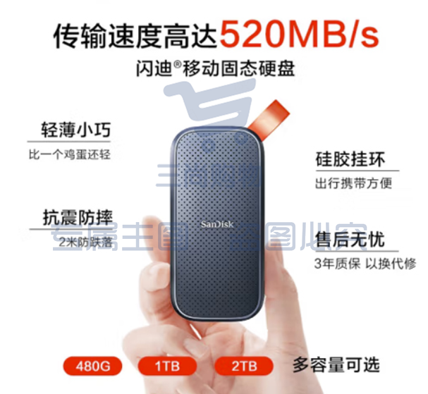 闪迪480GB Type-c USB3.2移动固态硬盘(PSSD)E30高速移动ssd 传输速度520MB/s轻薄便携 2米防摔 SKU：TK20251