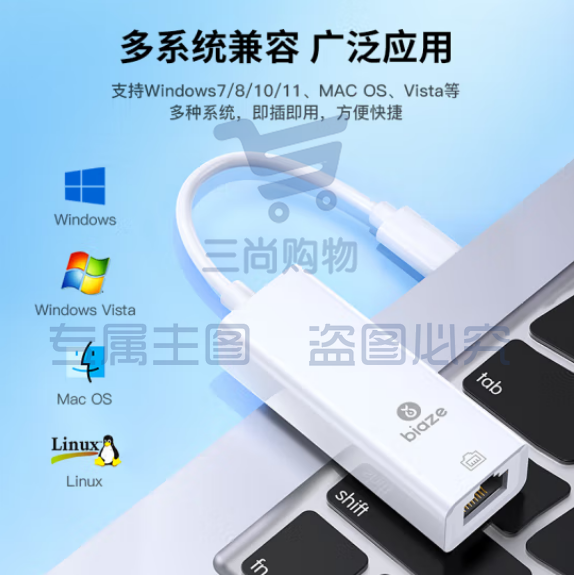 毕亚兹 以太网转换器 Type-C转RJ45网口 USB-C转有线百兆网卡 免驱动转网口 ZH18-PC