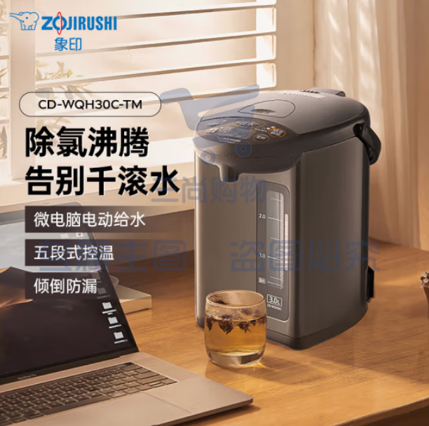 象印（ZO JIRUSHI）电水壶 五段控温可定时 3L容量 CD-WQH30C-TM(金属棕色)