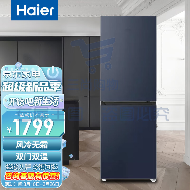 海尔（Haier）202升冰箱双开门风冷无霜冷藏冷冻浅薄机身90°开门家用租房两门冰箱 BCD-202