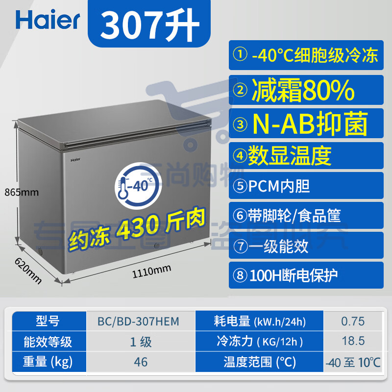 海尔（Haier）冰柜-40度超低温307升商用大容量一级冷柜 BC/BD-307HEM