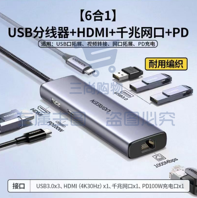 绿联20934 Type-C扩展坞 USB-C转HDMI拓展坞4K60Hz投屏千兆网线口转接头HUB分线器3.0 适用苹果笔记本转换器