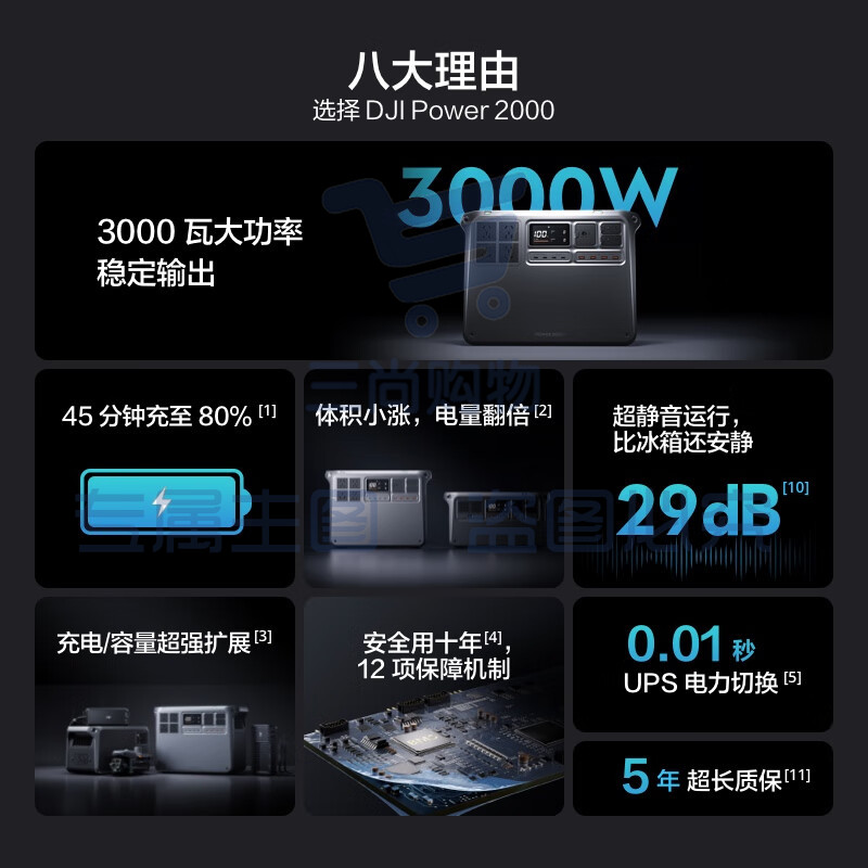 大疆【2 度电新品】220V3000瓦大功率大容量快充户外移动电源车载 DJI Power 2000 200瓦柔性套装